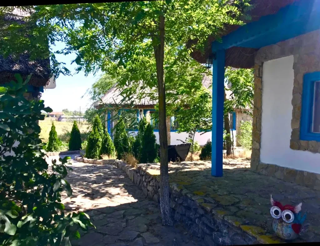 Traditional courtyard with houses and shady trees.